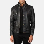 Men's Darren Black Leather Biker Jacket With Snap Buttons