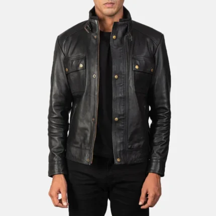 Men's Darren Black Leather Biker Jacket With Snap Buttons