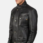Men's Darren Black Leather Biker Jacket Close View