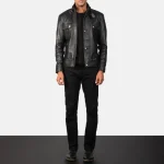 Men's Darren Black Leather Biker Jacket Wearing Look