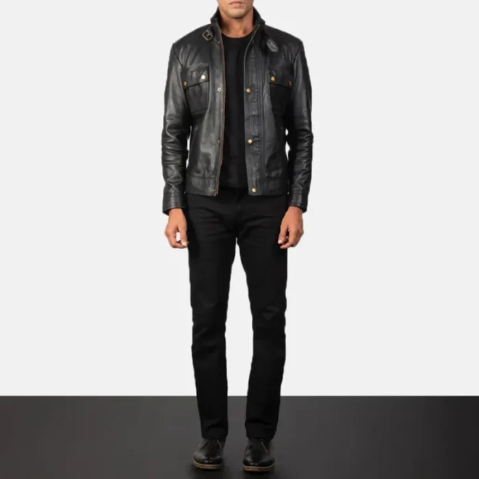 Men'S Darren Black Leather Biker Jacket Wearing Look