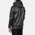 Black Leather Hooded Bomber Pullover Jacket Back