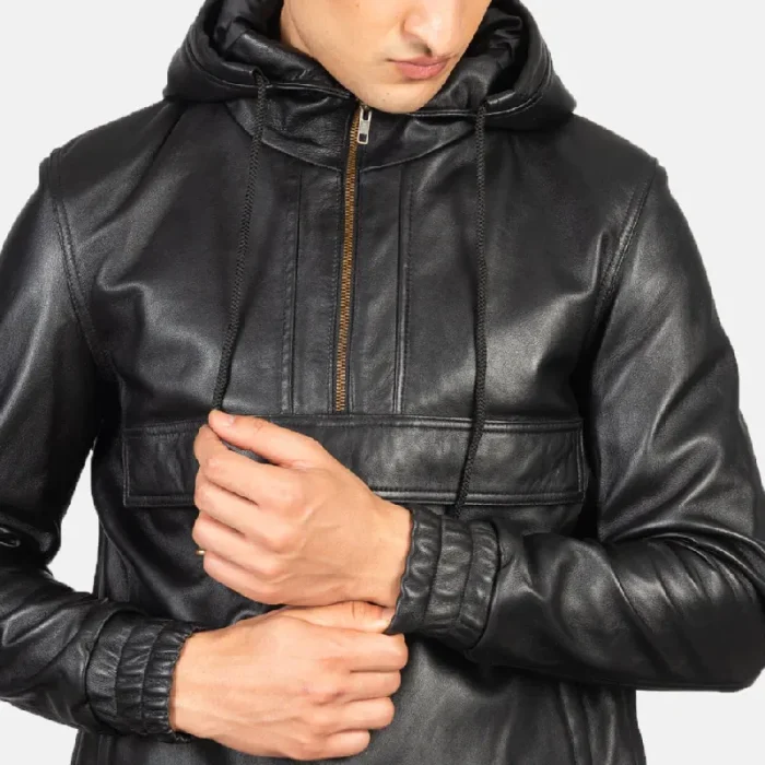 Black Leather Hooded Bomber Pullover Jacket Close View