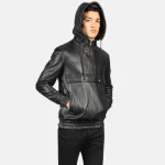 Black Leather Hooded Bomber Pullover Jacket Front View