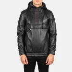 Men's Black Leather Hooded Half-Zip Bomber Jacket