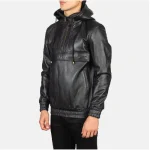 Black Leather Hooded Bomber Pullover Jacket Side View