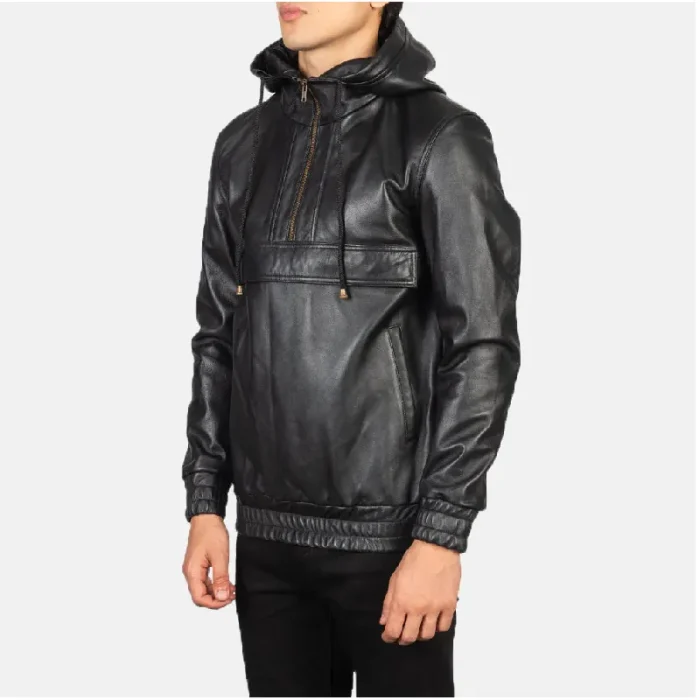 Black Leather Hooded Bomber Pullover Jacket Side View