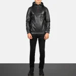 Black Leather Hooded Bomber Pullover Jacket Wearing Look