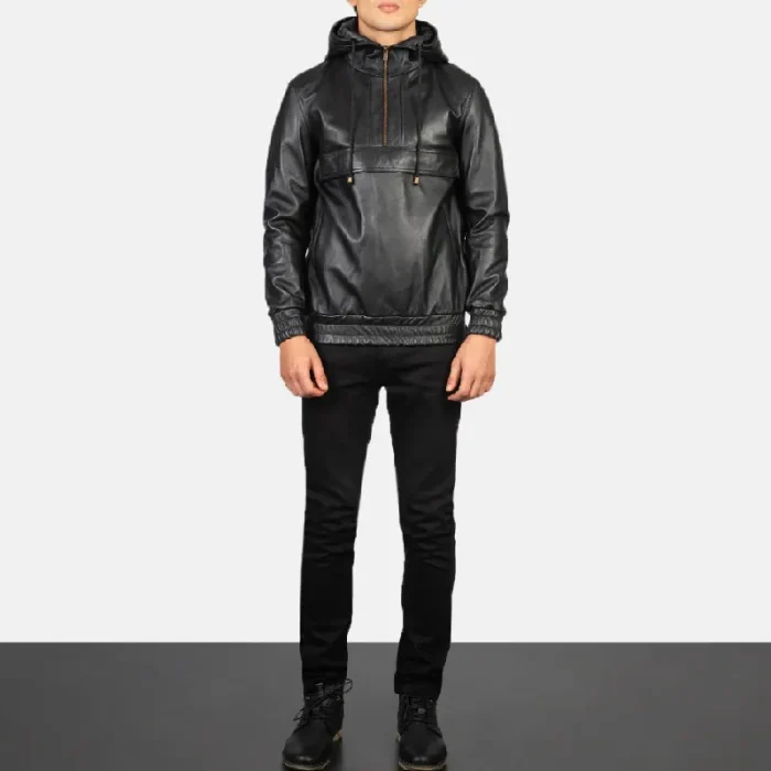 Black Leather Hooded Bomber Pullover Jacket Wearing Look