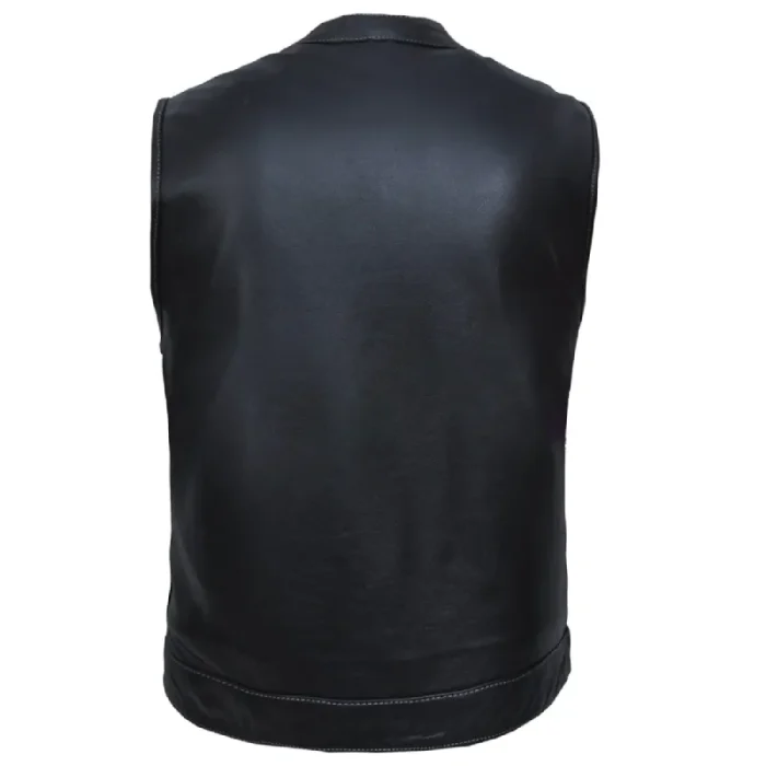 Black Leather Motorcycle Club Vest With Usa Flag Liner Back View