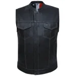 Black Leather Motorcycle Club Vest with USA Flag Liner