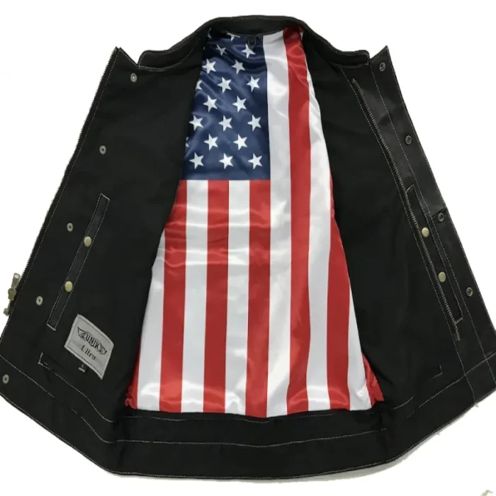 Black Leather Motorcycle Club Vest With Usa Flag Liner View