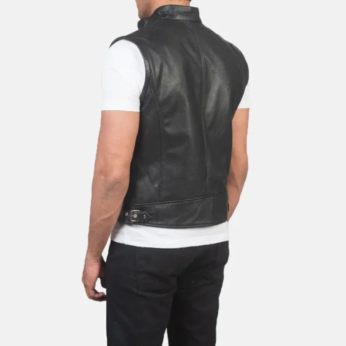 Black Leather Motorcycle Vest For Men Back View