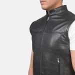 Black Leather Motorcycle Vest For Men Close View