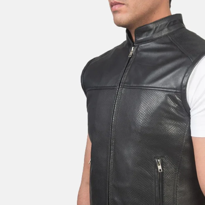 Black Leather Motorcycle Vest For Men Close View