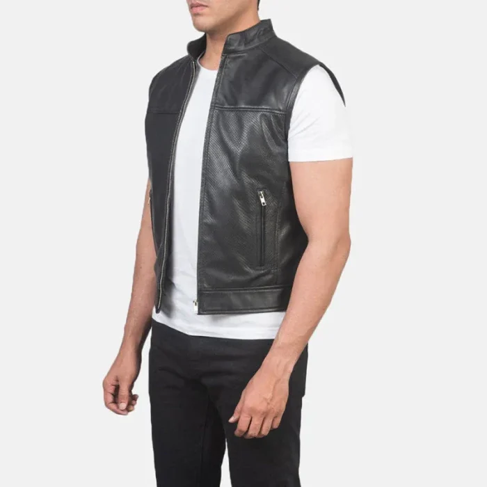 Black Leather Motorcycle Vest For Men Side View