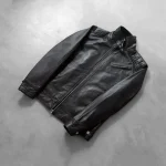 Black Leather Zip-Up Biker Jacket For Men Close