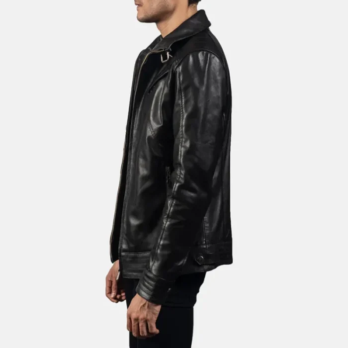 Black Leather Zip-Up Biker Jacket For Men