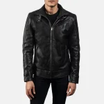 Black Leather Zip-Up Biker Jacket For Men Close