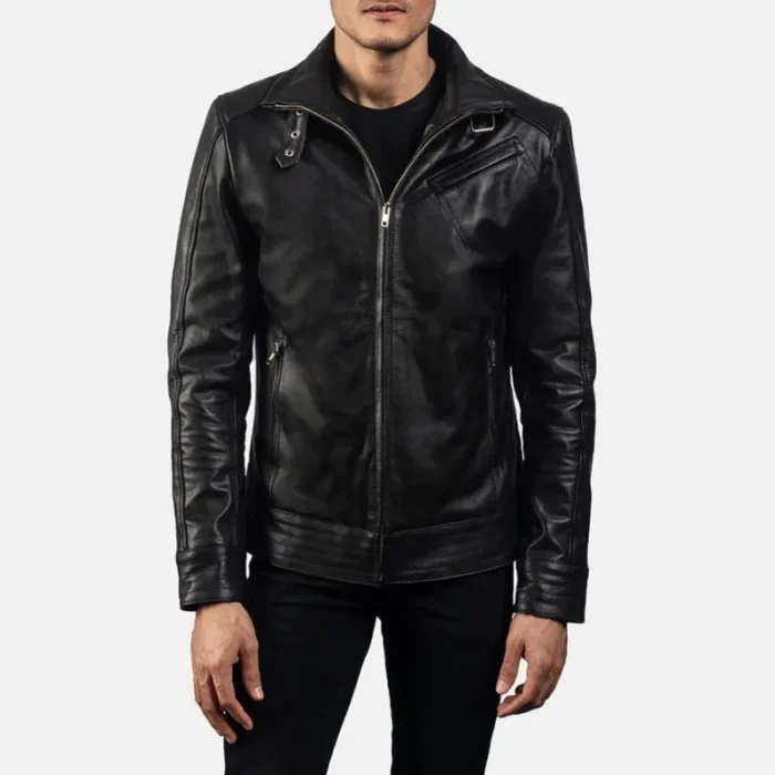 Black Leather Zip-Up Biker Jacket For Men Close