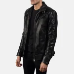 Black Leather Zip-Up Biker Jacket For Men