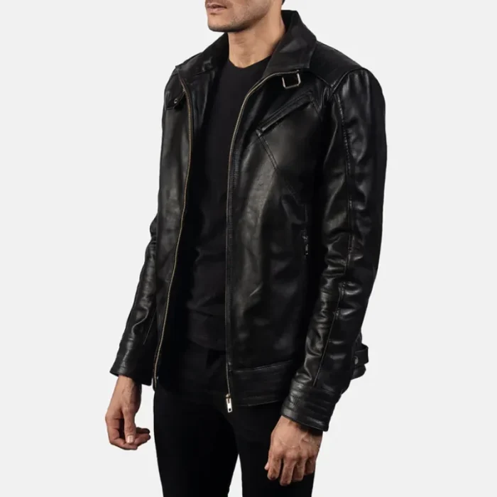 Black Leather Zip-Up Biker Jacket For Men