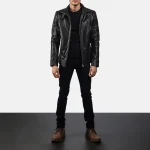 Black Leather Zip-Up Biker Jacket For Men