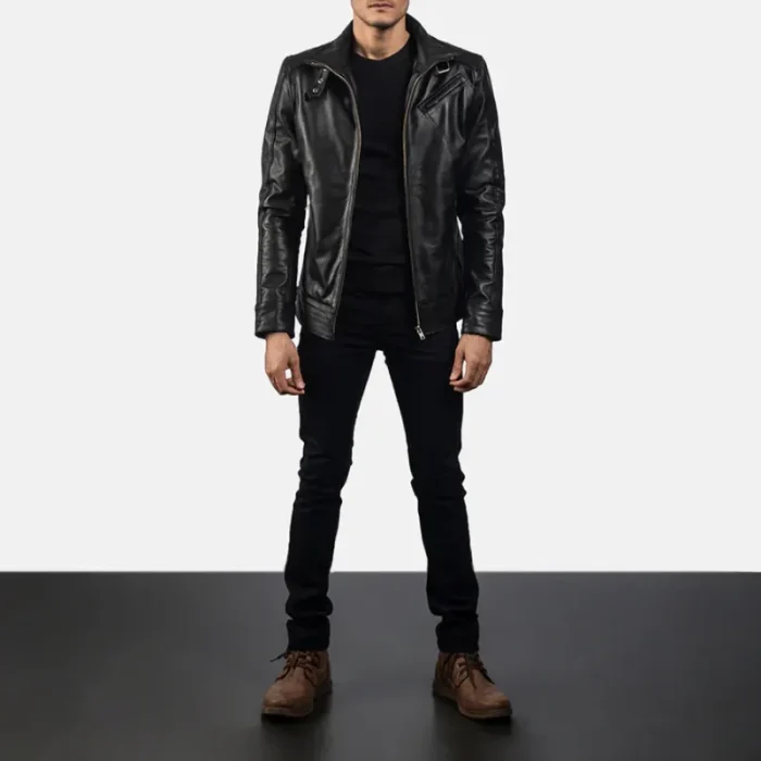 Black Leather Zip-Up Biker Jacket For Men