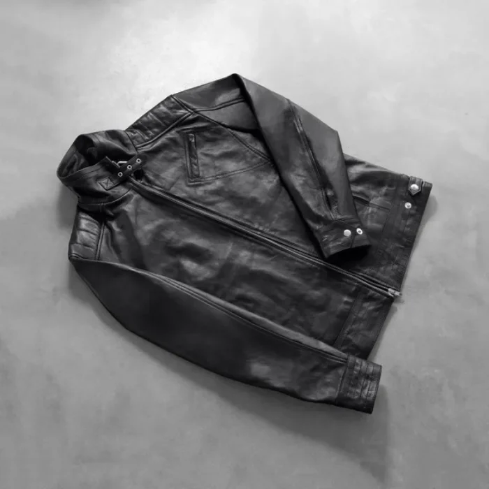 Black Leather Zip-Up Biker Jacket For Men