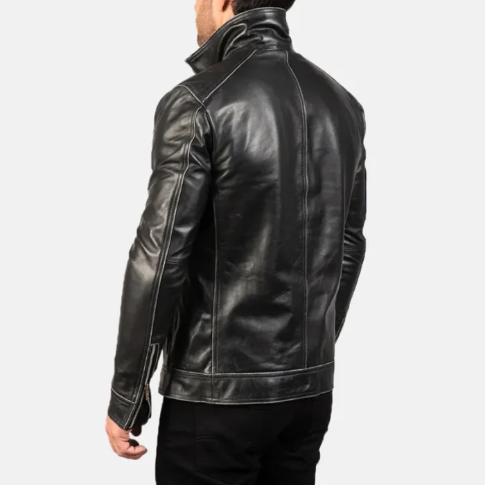 Black Leather Zipper Biker Jacket For Men Back View