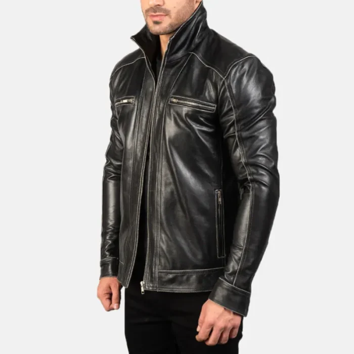 Black Leather Zipper Biker Jacket For Men Close View