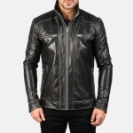 Black Leather Zipper Biker Jacket For Men Front View