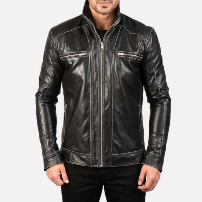 Black Leather Zipper Biker Jacket For Men Front View