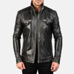 Men's Black Leather Contrast-Stitched Biker Jacket