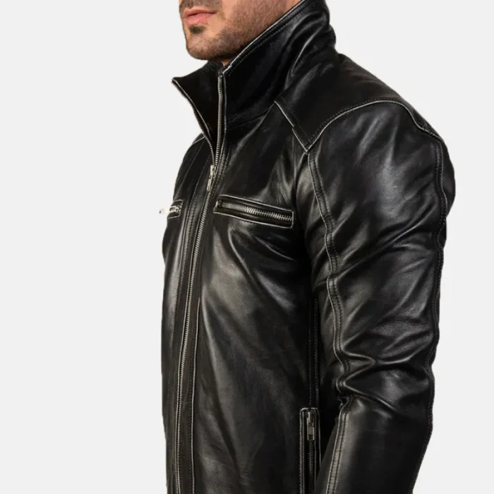 Black Leather Zipper Biker Jacket For Men Side View