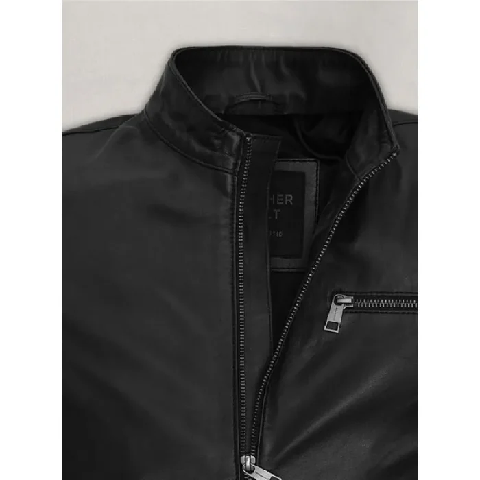 Black Matt Damon Leather Jacket Close View
