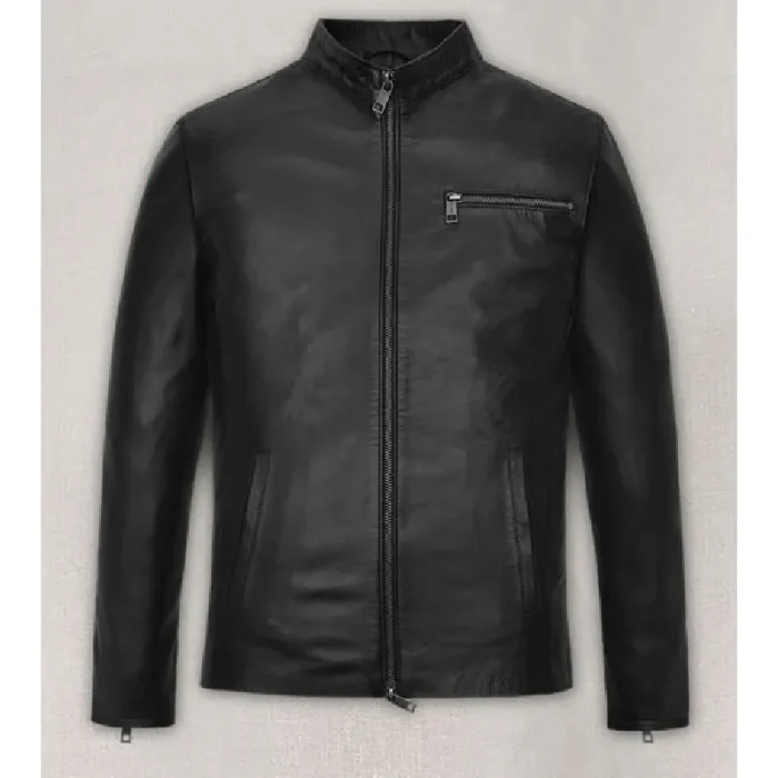 Black Matt Damon Leather Jacket Front