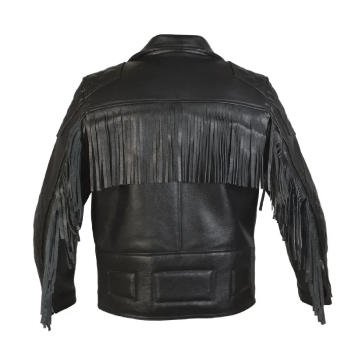 Black Quilted Diamond Fringed Biker Leather Jacket Back