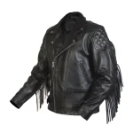 Black Quilted Diamond Fringed Biker Leather Jacket Side