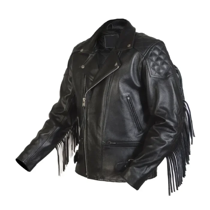 Black Quilted Diamond Fringed Biker Leather Jacket Side