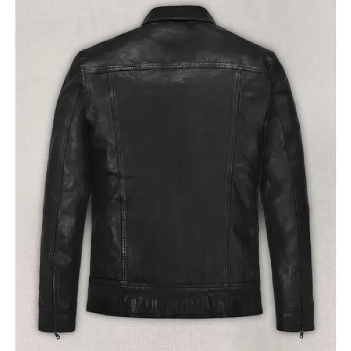 Black Sam Worthington Zip-Up Collar Leather Jacket Back