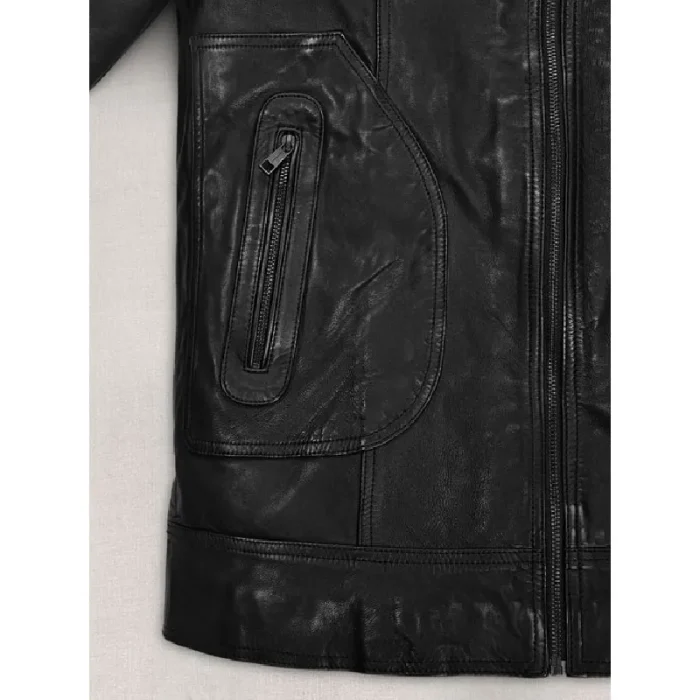 Black Sam Worthington Zip-Up Collar Leather Jacket Pocket