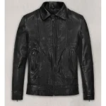 Black Sam Worthington Zip-Up Collar Leather Jacket Front