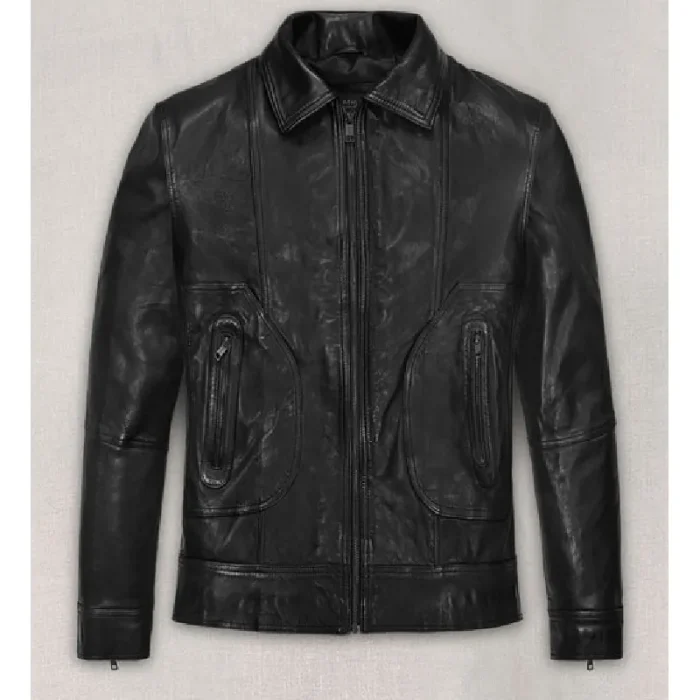 Black Sam Worthington Zip-Up Collar Leather Jacket Front