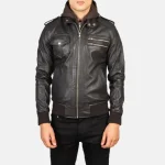 Brown Men's Leather Hooded Bomber Jacket Zip-up View