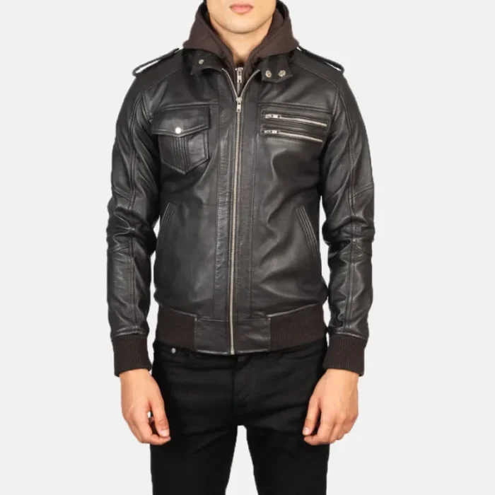 Brown Men'S Leather Hooded Bomber Jacket Zip-Up View