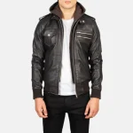 Brown Men's Leather Hooded Bomber Jacket