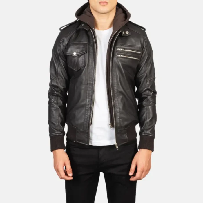 Brown Men'S Leather Hooded Bomber Jacket