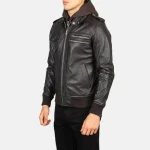 Brown Men's Leather Hooded Bomber Jacket Side