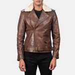 Brown Cowhide Leather Biker Jacket For Men Front View